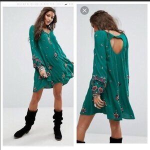Free People Womens L Green Gauzy Dress Embroidered Boho Hippie Cottagecore Flowy